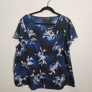 Lane Bryant Womens Navy Floral Short Sleeve Blouse Size 18 Polyester Lightweight
